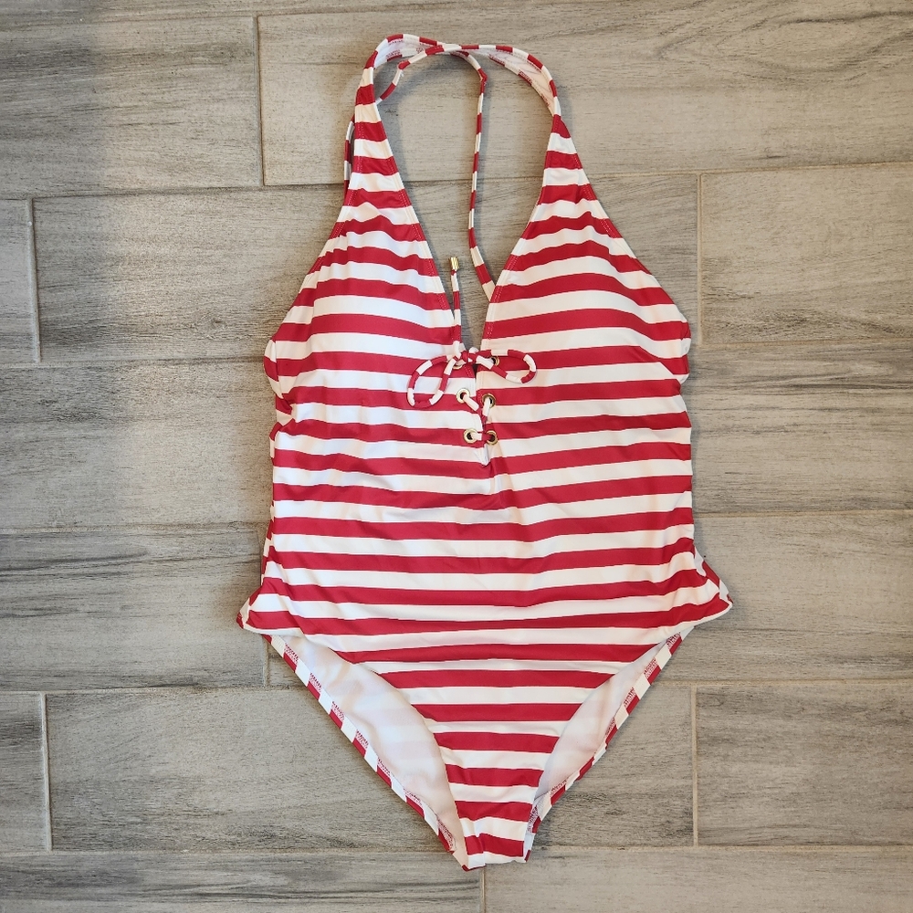 Gibson Latimer Swimsuit XL Striped Red White One Piece Deep-V Retro Beach New$82